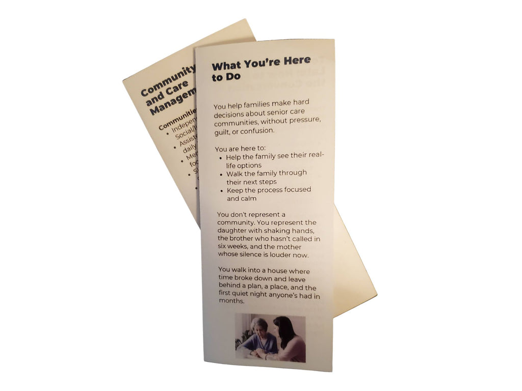 A folded brochure or informational card set with printed text and a small photo at the bottom, shown on a plain white background.